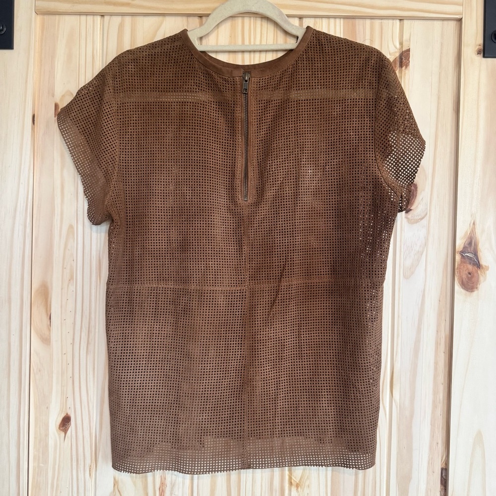 Muubaa Brown Suede Perforated Short Sleeve Top size 10 - Picture 5 of 7